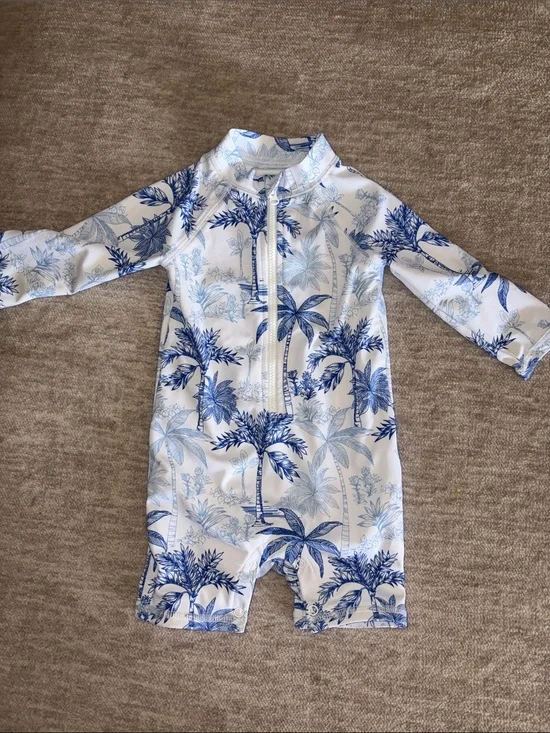 Janie and Jack Kids Long Sleeve Blue Palm Print Rashguard One-Piece Swim Suit