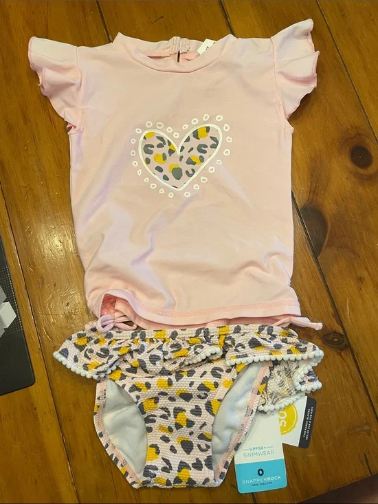 Snapper Rock Light Pink Girls Two-Piece Swim Set with Leopard Ruffle