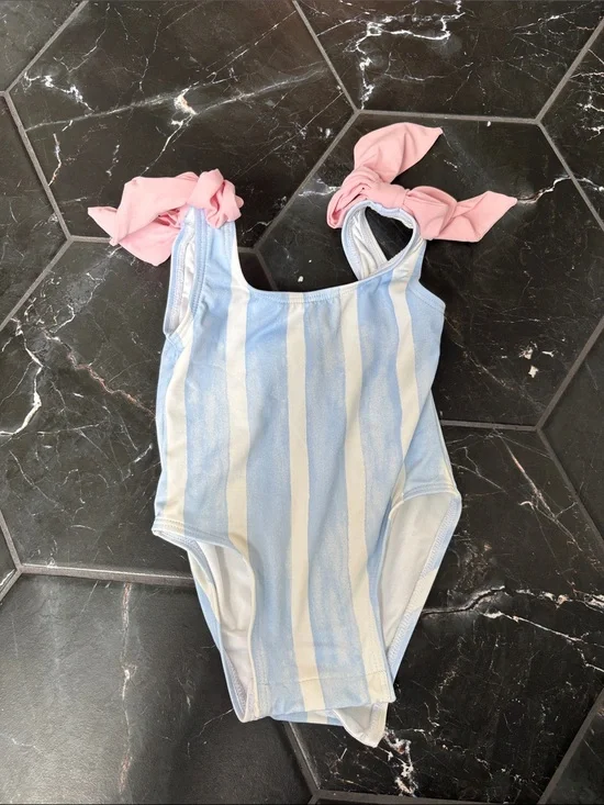 The Beaufort Bonnet Company Girls Blue and Pink Striped One-Piece Swimsuit
