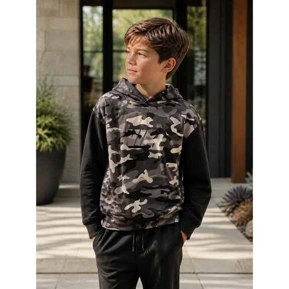 Nike Boys Dri-FIT Camouflage Pullover Hoodie Black Grey Camo Size Medium M