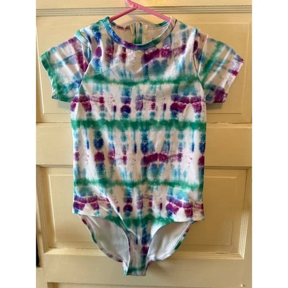 DSG Kids Tie Dye Short Sleeve One Piece‎ Swimsuit Leotard Girls 50 + UV  Size S