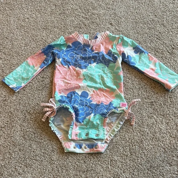 RuffleButts Long-Sleeve Floral One-Piece in Pink, Blue & Mint 12-18 months