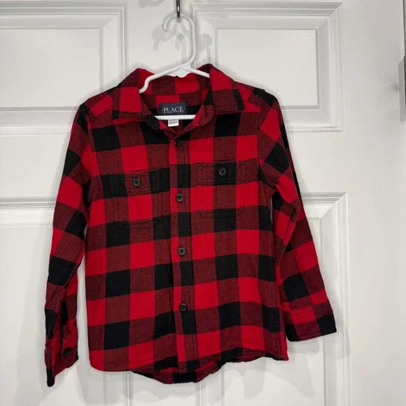 The Children's Place Boys Buffalo Plaid Flannel Button Down‎ Shirt Size 4 XS