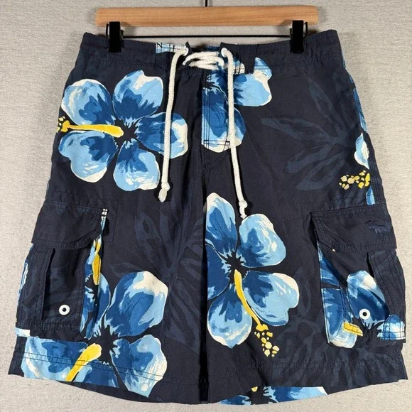 Vintage Abercrombie & Fitch XL Navy Blue Hibiscus Floral Cargo Board Shorts
