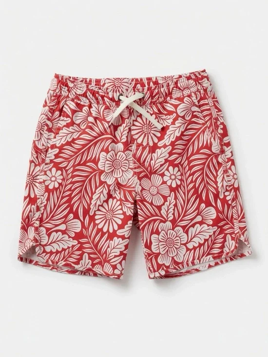 🟢3/$15 🌺 Fair Harbor Boys Size S Soft Floral Swim Shorts | Red White Hawaiian Pr