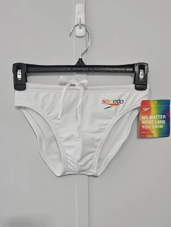Speedo PowerFlex Eco Size 28 White Boys Mens Swim Trunks with Rainbow Logo and