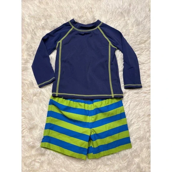 Amazon Essentials Baby Boy Rash Guard and Swim Trunks Set Navy Blue Lime 12M