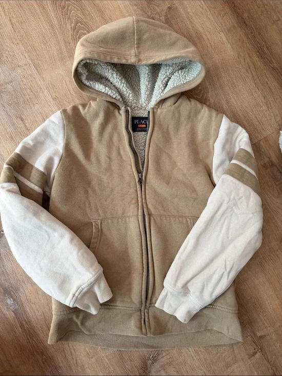 The Children's Place Sherpa-Lined Zip Hoodie in Tan & Cream size large 10/12