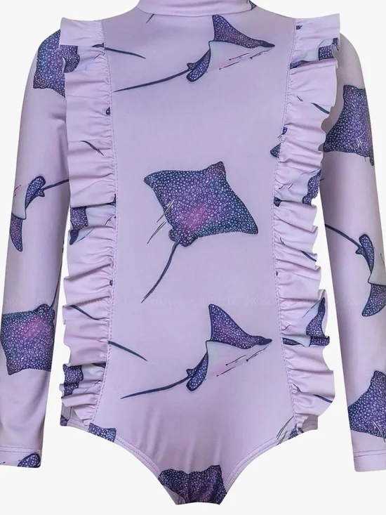 Pepita & me.   Kids Long Sleeve Swim One-Piece in Light Purple with Ray Print