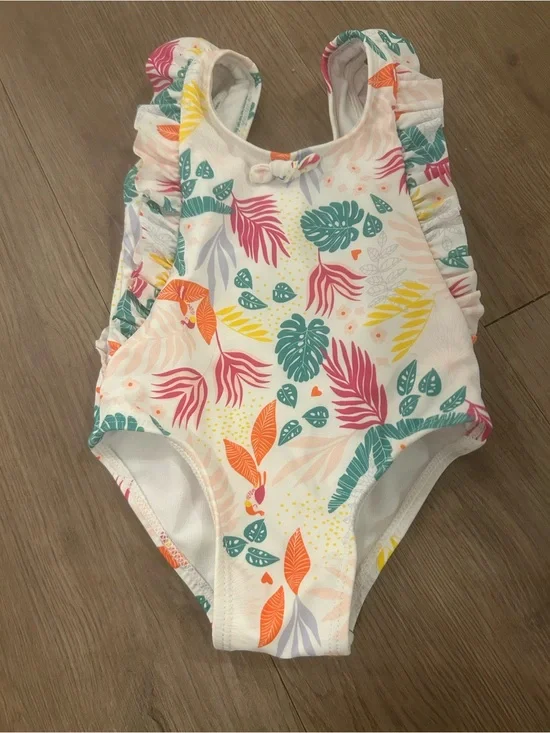 White Kids One-Piece Swimsuit with Multicolor Tropical Print