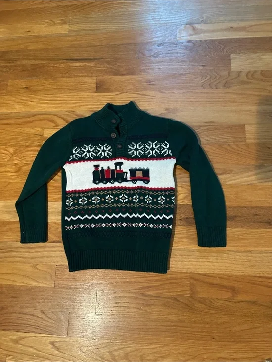 The Children's Place Dark Green Zip-Up Holiday Train Sweater