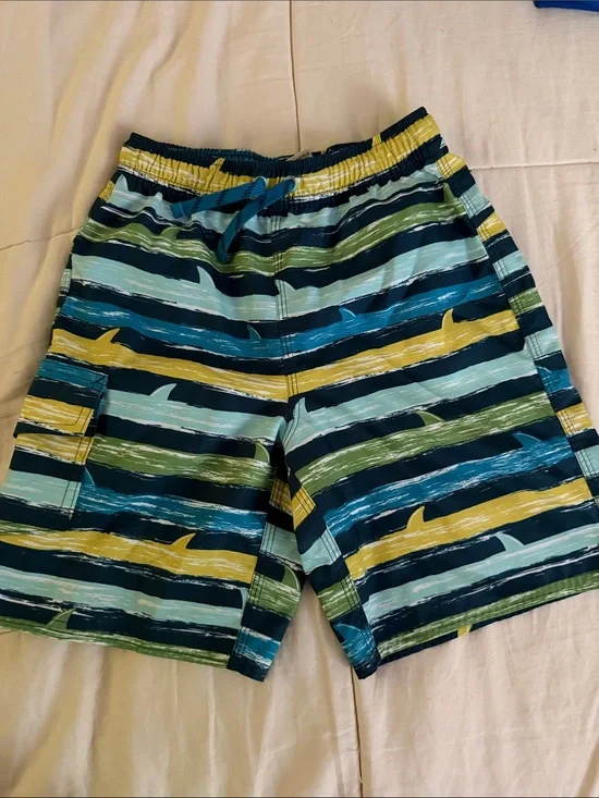 L.L. Bean Boys' Striped Shark Swim Trunks in Navy, Teal, Yellow, Green