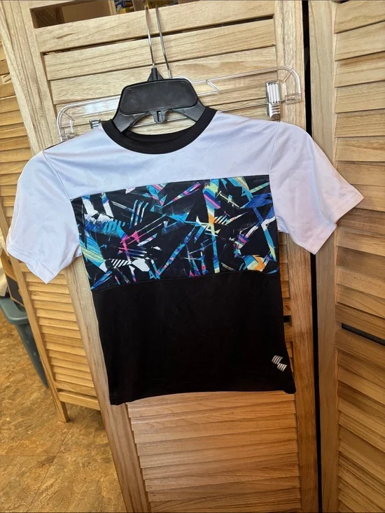 Kids Place  Colorblock Graphic Tee - White & Black with Multicolor Print Small