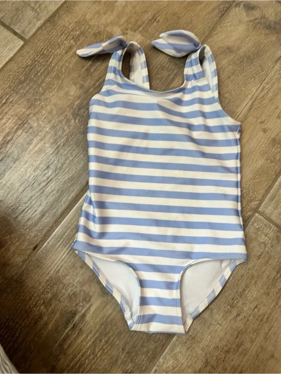 H&M Light Blue and White Striped One-Piece Swimsuit with Tie Straps