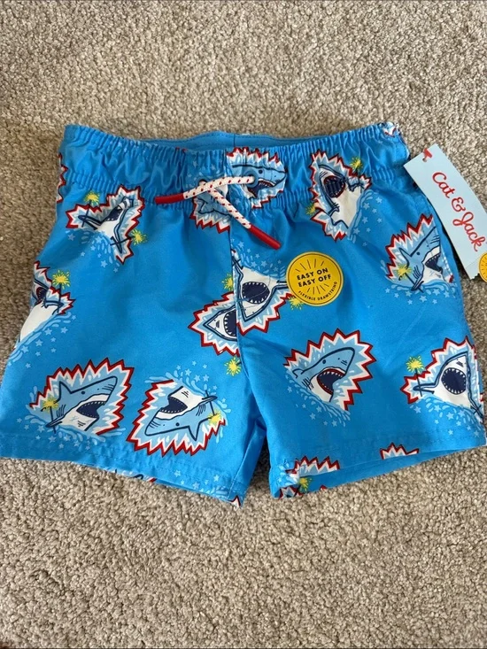 NWT Boys Blue Shark Print Swim Shorts with Lining size 2T