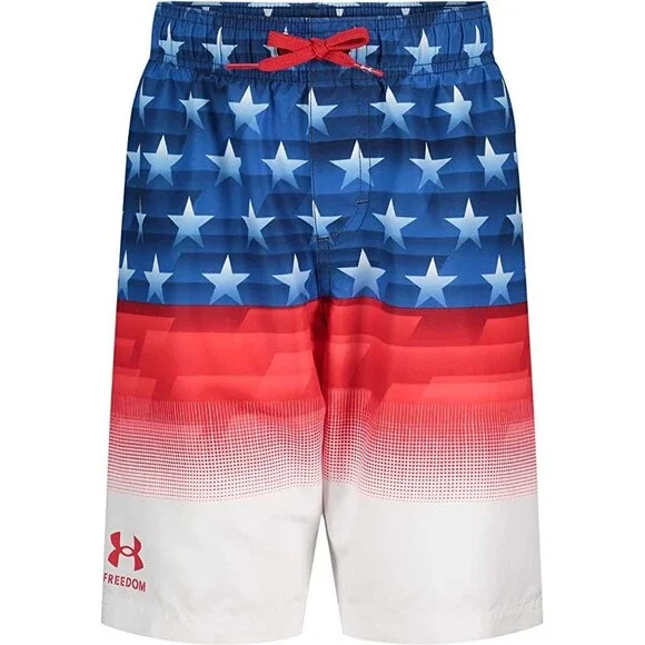 Under Armour Americana Volley Shorts Kid Medium Blue Red Drawstring Waist SRT649