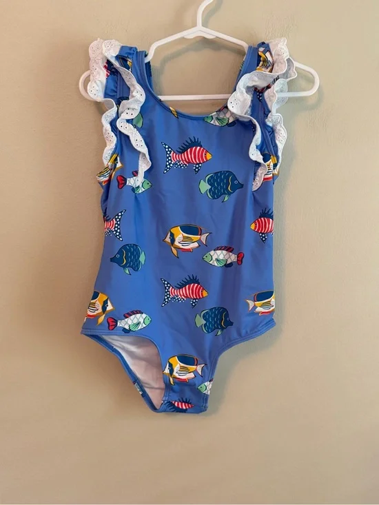 The Beaufort Bonnet Company Blue Fish-Print Ruffle One-Piece Swimsuit