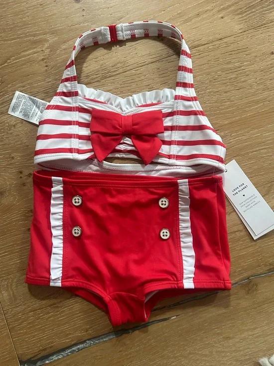 Janie and Jack Girls Red Striped Two-Piece Swim Set with Bow
