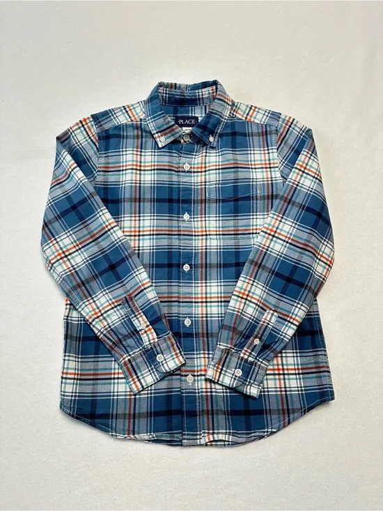Children's Place Boys Plaid Button Down Large 10/12 Navy Orange Long Sleeve