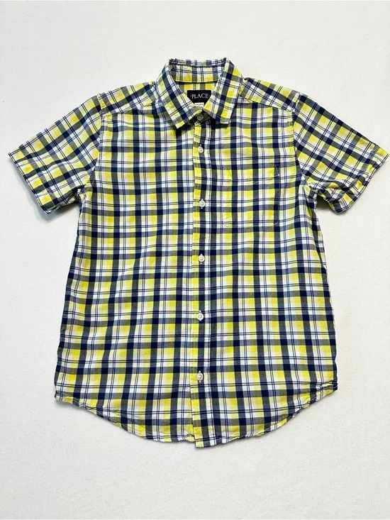 Children's Place Boys Plaid Button Down Large 10/12 Yellow Blue Short Sleeve