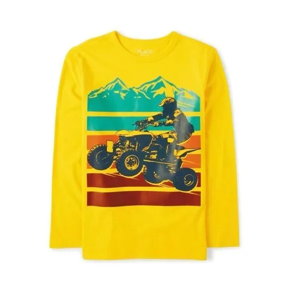NWT The Childrens Place Boys Quad Bike Graphic Long Sleeve Tee Golden Rays  Sz L