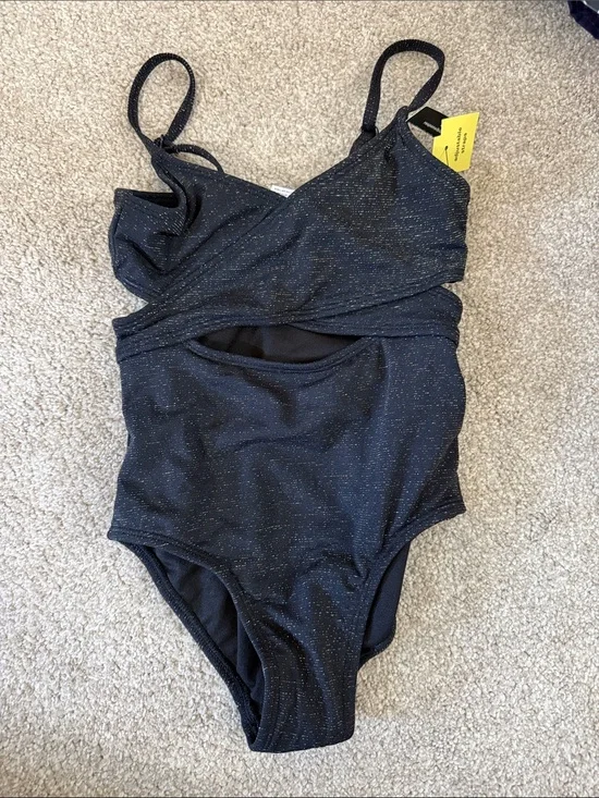 NWT Girls Black Sparkle One-Piece Swimsuit with cutout size Xs 4/5