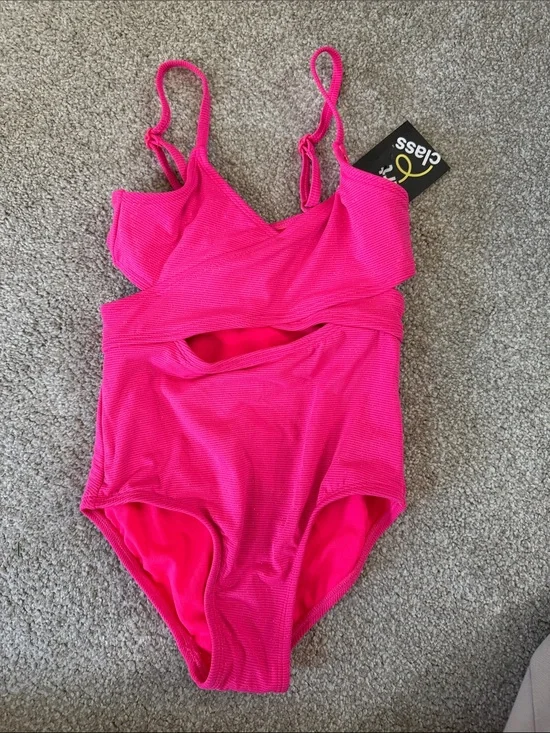 NWT Girls Pink Silver Sparkle One-Piece Swimsuit with cutout size Xs 4/5