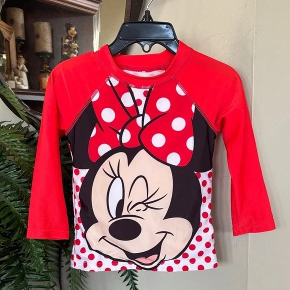 Disney Junior Minnie Mouse Swim Shirt Long Sleeved Polka Dot Red White Rashguard