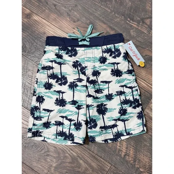 Cat & Jack Boys Swim Trunks Palm Tree Tropical Board Shorts Navy Teal Size S 6/7