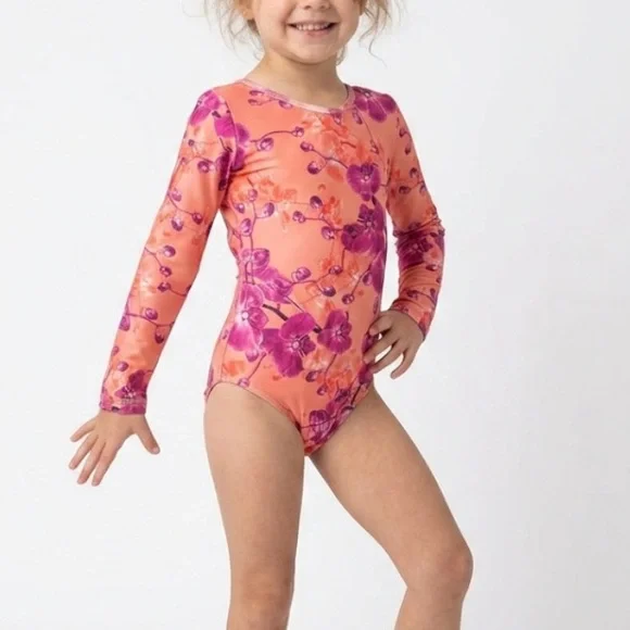 Mar de Lua Girls Orchid Floral Long Sleeve One Piece Swimsuit Size 6