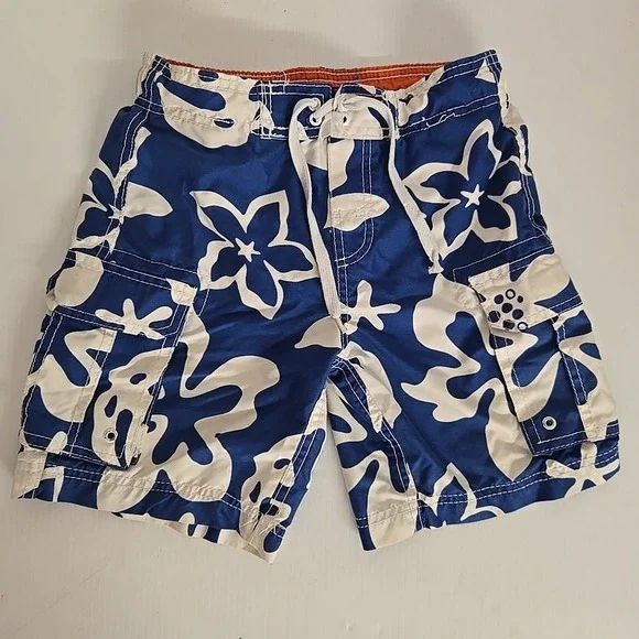 The Children's Place Floral‎ White & Blue Swim Trunks Boys' Small 5-6
