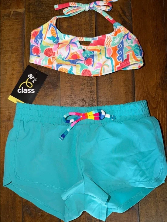 art class Multicolor Tropical Bikini Top with Teal Shorts