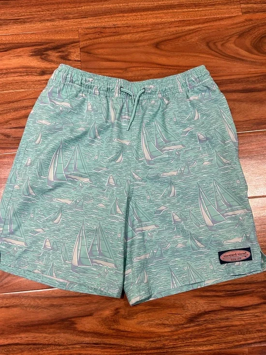 Vineyard vines teal sailboat swim trunks boys size 12 14