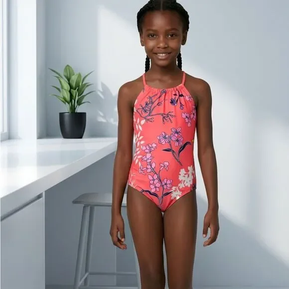 NWT KANU SURF Girls Pink Floral One Piece Swimsuit & Disney Mermaid Tee- Size 6X