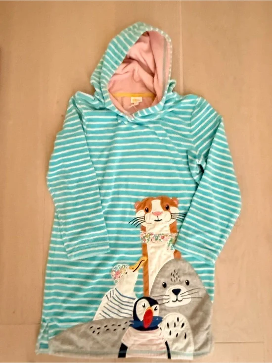 Mini Boden Aqua & White Striped Hooded Tunic with Animal Appliqués