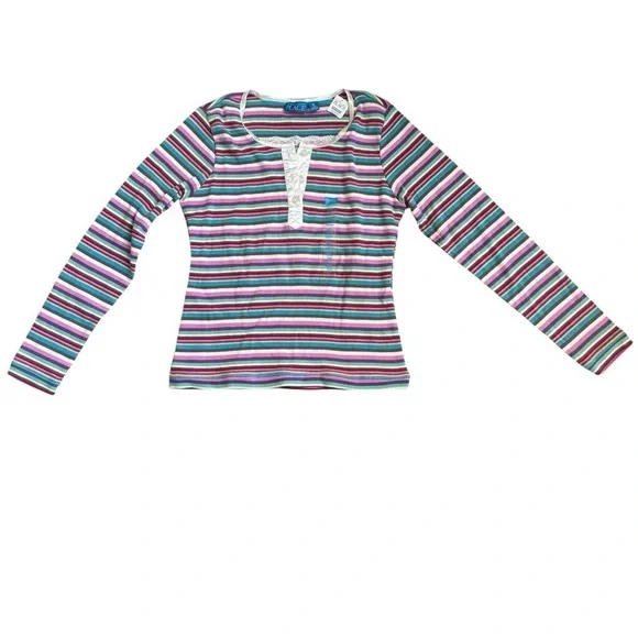 Y2K The Children’s Place Striped Rainbow Top Colorful Henley Lace XL 14 NEW