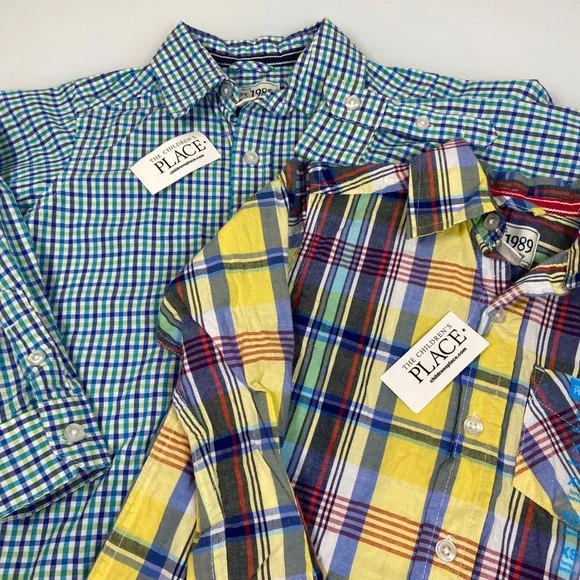 The Childrens Place Boy XS 4 Multicolor Plaid Gingham Button Down Shirts NWT 2pk