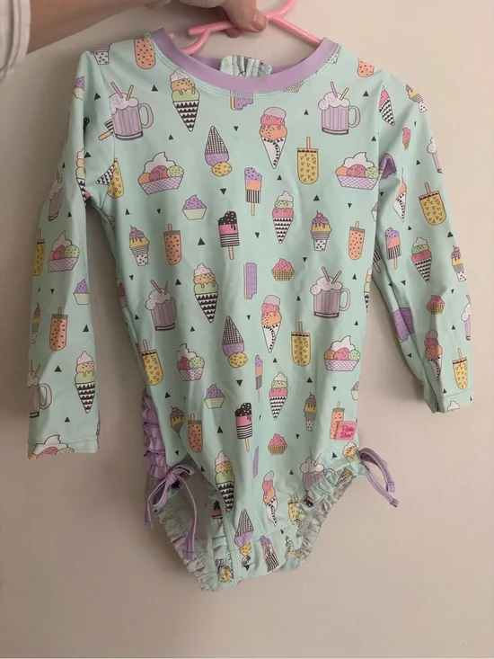 Ruffle Butts Mint Ice Cream & Popsicle Long Sleeve One-Piece with Purple Trim