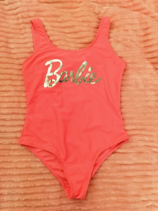Barbie Coral Pink One-Piece Swimsuit with Metallic Logo - 10/12 Girl (XS Women)