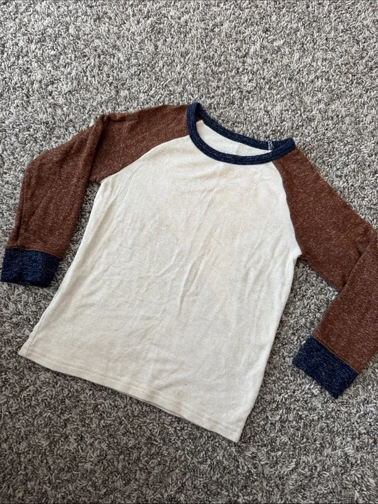 The Children's Place Cream Body Brown Raglan Long Sleeve Tee with Navy Trim