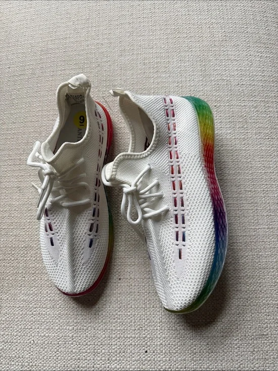 Wanted White Knit Sneakers with Rainbow Accents