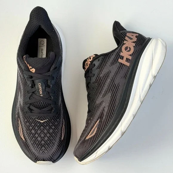 Hoka Clifton 9 Women 8 Black Rose Gold Road Running Shoes Cushion Comfort Gym