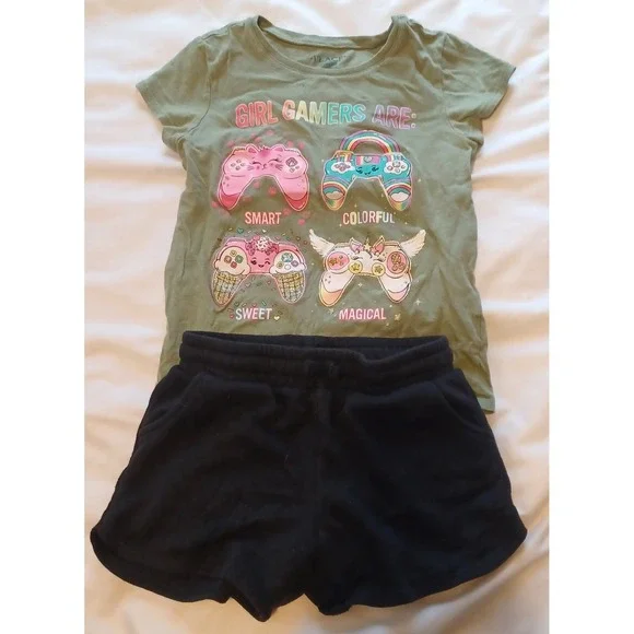 The Children's Place Graphic Tee Jumping Beans Shorts Kids 7 Green Black Gamer