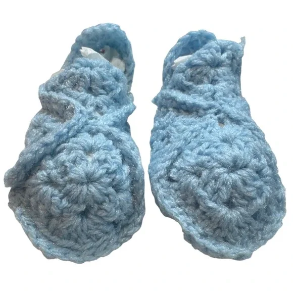 Handmade Crochet Baby Booties‎ Shimmer Knit Infant Slippers Blue 5in