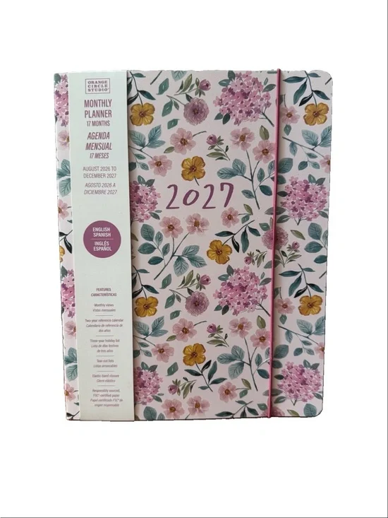 2027 Monthly Planner 17 month Planner Orange Circle Studio Pink 9x7” Soft Cover