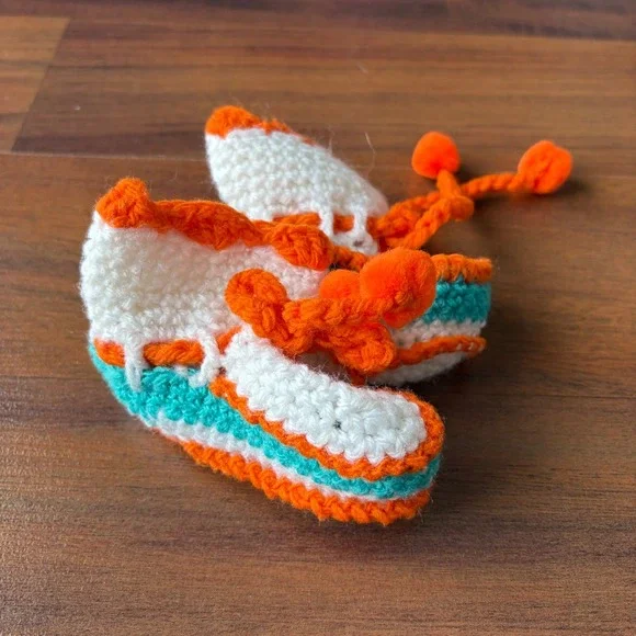 1998 Hand Crocheted Baby Booties White Orange Teal‎ Miami Dolphins NFL