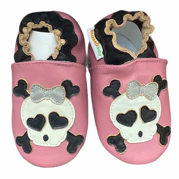 Momo Soft Sole Leather Baby Shoes Pink Skull Bow Size 12 to 18 months