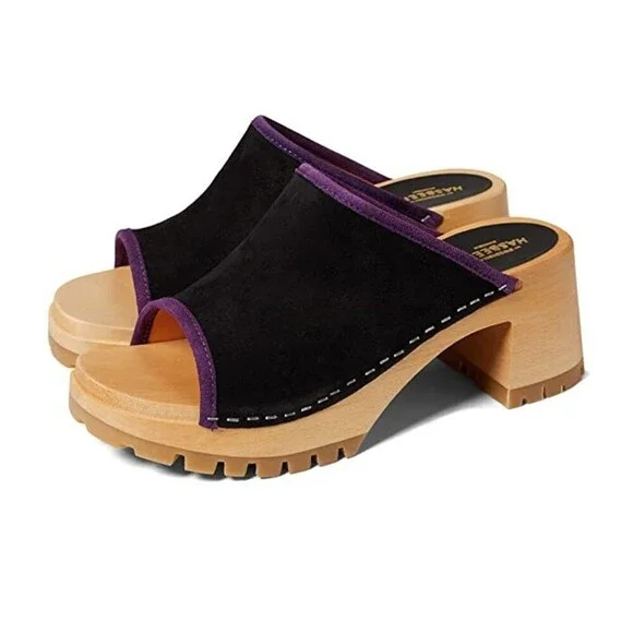 Swedish Hasbeens Piping Clog Womens US 11 Black Suede Platform Block Heel KHD652