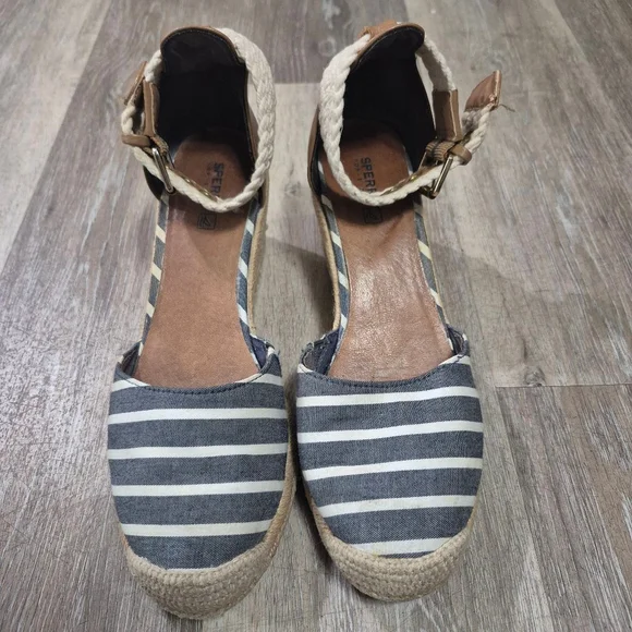 Women's Sperry Espadrille Wedge Sandals Blue/White‎ Striped Sz 8