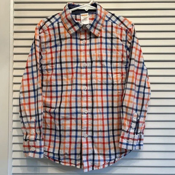 Gymboree Boys Plaid Button Down Shirt Orange Blue Red‎ Black Checkered